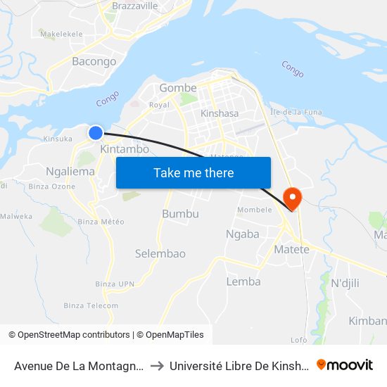 Avenue De La Montagne, 1 to Université Libre De Kinshasa map