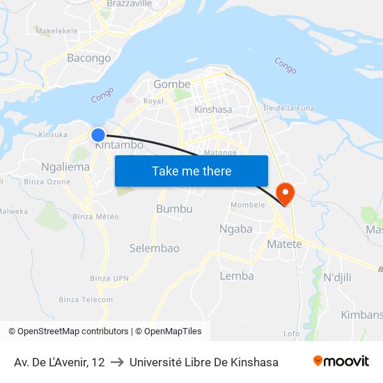 Av. De L'Avenir, 12 to Université Libre De Kinshasa map