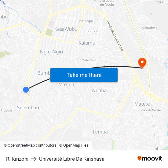 R. Kinzoni to Université Libre De Kinshasa map
