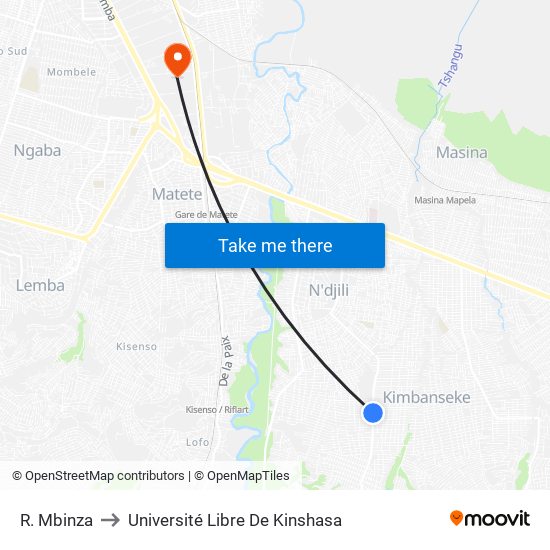 R. Mbinza to Université Libre De Kinshasa map