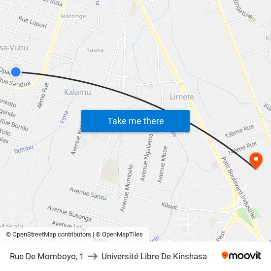 Rue De Momboyo, 1 to Université Libre De Kinshasa map