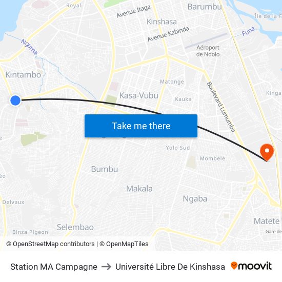 Station MA Campagne to Université Libre De Kinshasa map
