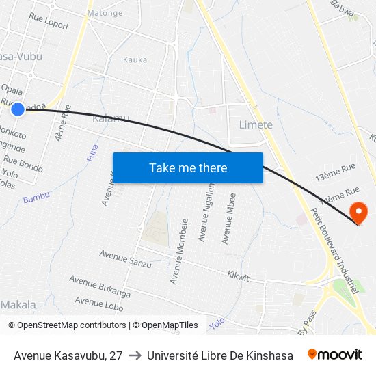 Avenue Kasavubu, 27 to Université Libre De Kinshasa map