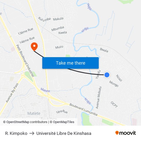 R. Kimpoko to Université Libre De Kinshasa map