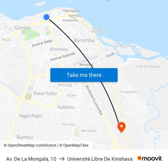 Av. De La Mongala, 10 to Université Libre De Kinshasa map