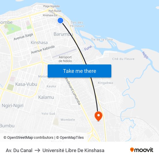 Av. Du Canal to Université Libre De Kinshasa map