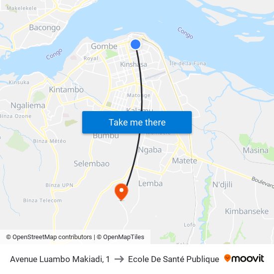 Avenue Luambo Makiadi, 1 to Ecole De Santé Publique map