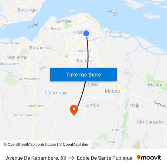 Avenue De Kabambare, 53 to Ecole De Santé Publique map