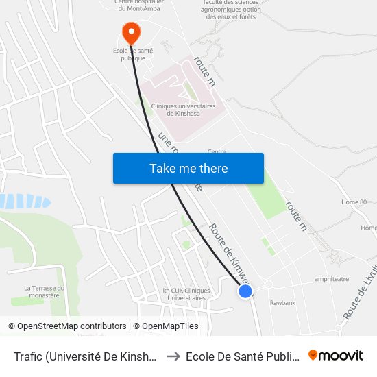 Trafic (Université De Kinshasa) to Ecole De Santé Publique map