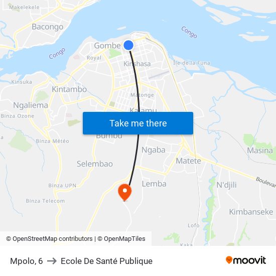 Mpolo, 6 to Ecole De Santé Publique map
