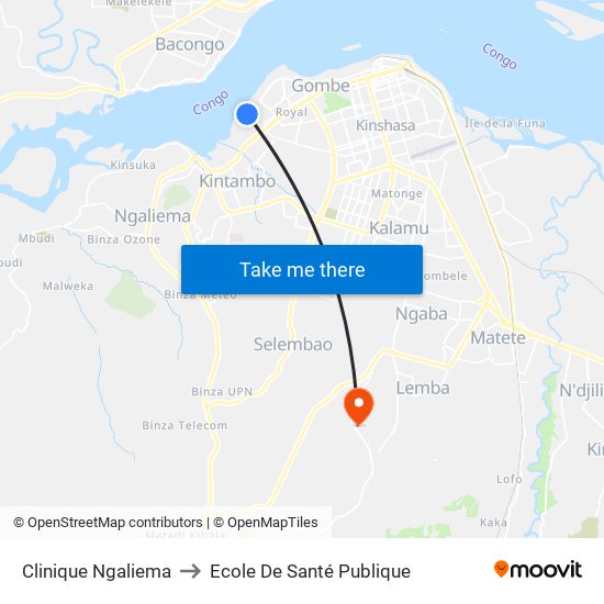 Clinique Ngaliema to Ecole De Santé Publique map
