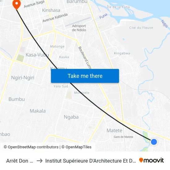 Arrêt Don Dass to Institut Supérieure D'Architecture Et D'Urbanisme map