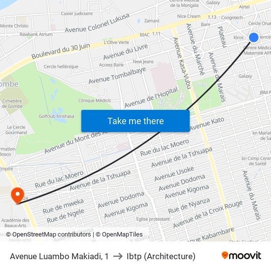 Avenue Luambo Makiadi, 1 to Ibtp (Architecture) map