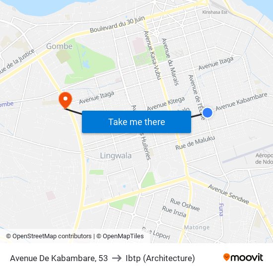 Avenue De Kabambare, 53 to Ibtp (Architecture) map