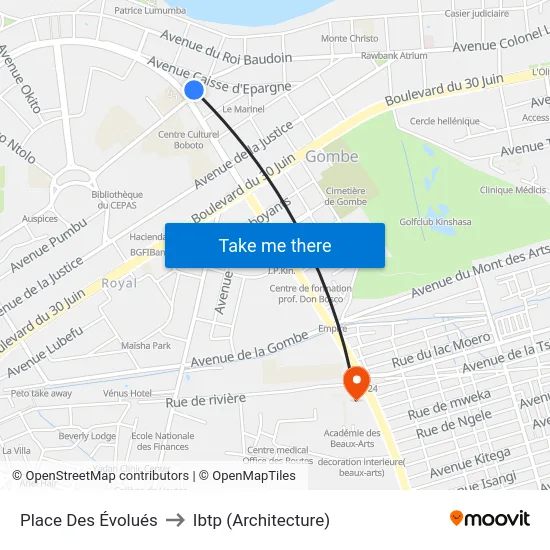 Place Des Évolués to Ibtp (Architecture) map