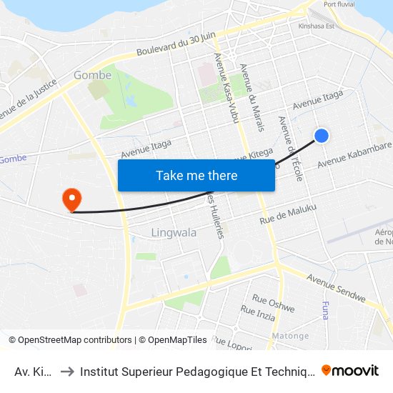 Av. Kitega to Institut Superieur Pedagogique Et Technique De Kinshasa map