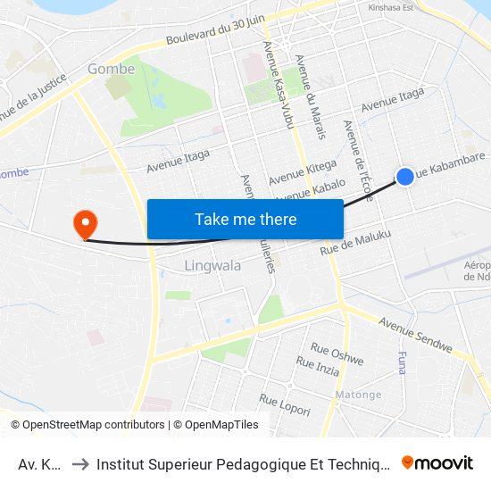 Av. Kasai to Institut Superieur Pedagogique Et Technique De Kinshasa map