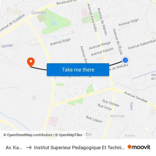 Av. Kabinda to Institut Superieur Pedagogique Et Technique De Kinshasa map