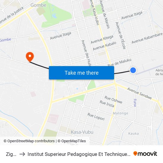 Zigida to Institut Superieur Pedagogique Et Technique De Kinshasa map