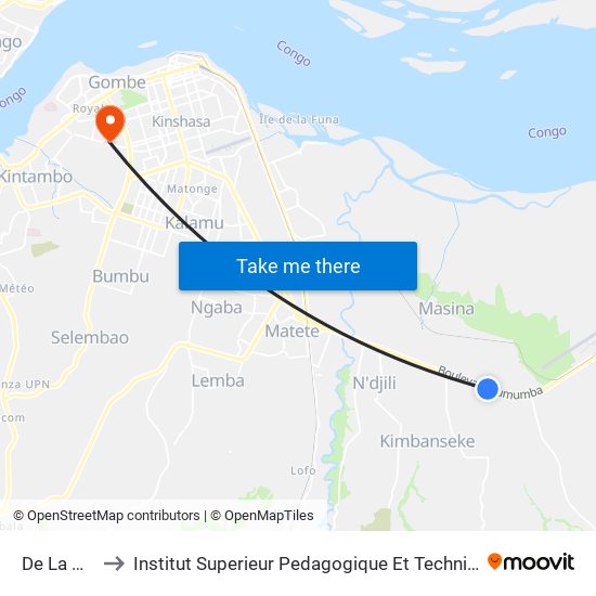 De La Plaine to Institut Superieur Pedagogique Et Technique De Kinshasa map