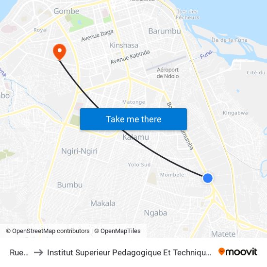 Rue 15 to Institut Superieur Pedagogique Et Technique De Kinshasa map