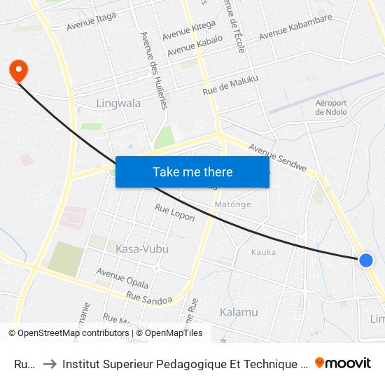 Rue 4 to Institut Superieur Pedagogique Et Technique De Kinshasa map