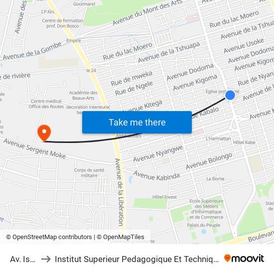 Av. Isangi to Institut Superieur Pedagogique Et Technique De Kinshasa map