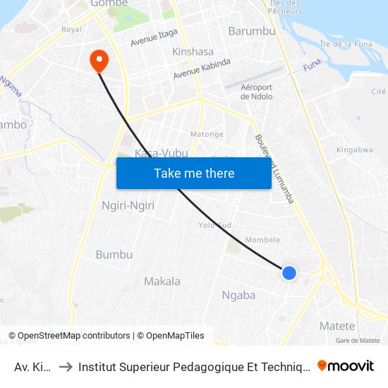 Av. Kikwit to Institut Superieur Pedagogique Et Technique De Kinshasa map