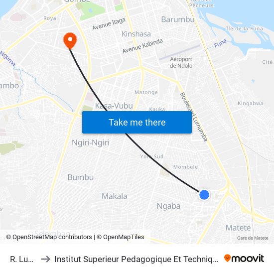 R. Lubefu to Institut Superieur Pedagogique Et Technique De Kinshasa map