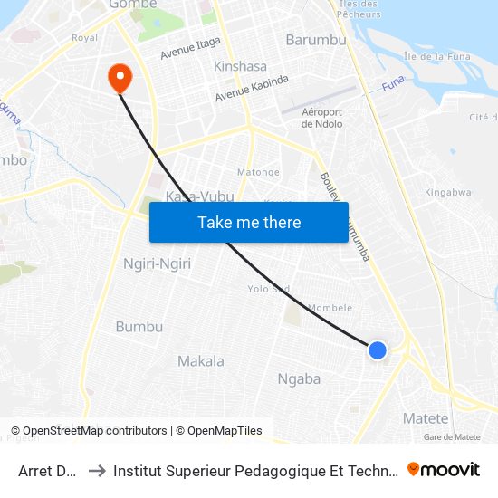 Arret De Bus to Institut Superieur Pedagogique Et Technique De Kinshasa map
