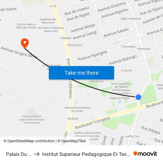 Palais Du Peuple to Institut Superieur Pedagogique Et Technique De Kinshasa map