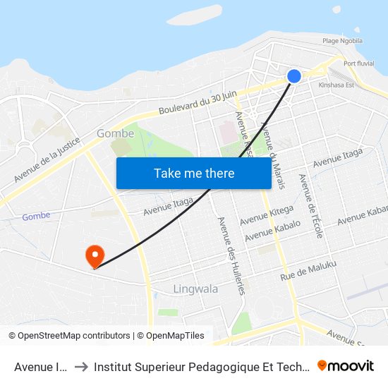 Avenue Isiro, 8 to Institut Superieur Pedagogique Et Technique De Kinshasa map