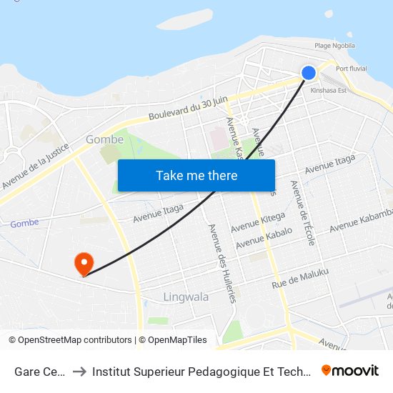 Gare Centrale to Institut Superieur Pedagogique Et Technique De Kinshasa map