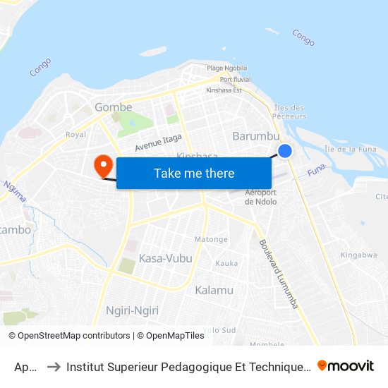 Apollo to Institut Superieur Pedagogique Et Technique De Kinshasa map