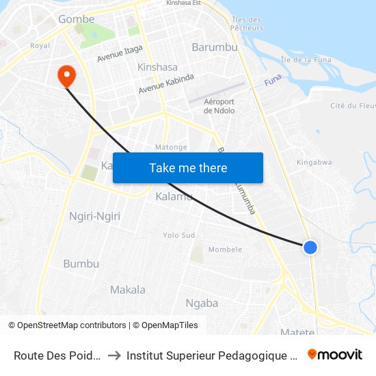 Route Des Poids-Lourds, 762 to Institut Superieur Pedagogique Et Technique De Kinshasa map