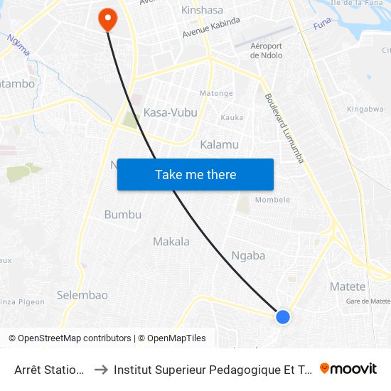 Arrêt Station Salongo to Institut Superieur Pedagogique Et Technique De Kinshasa map