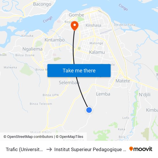 Trafic (Université De Kinshasa) to Institut Superieur Pedagogique Et Technique De Kinshasa map