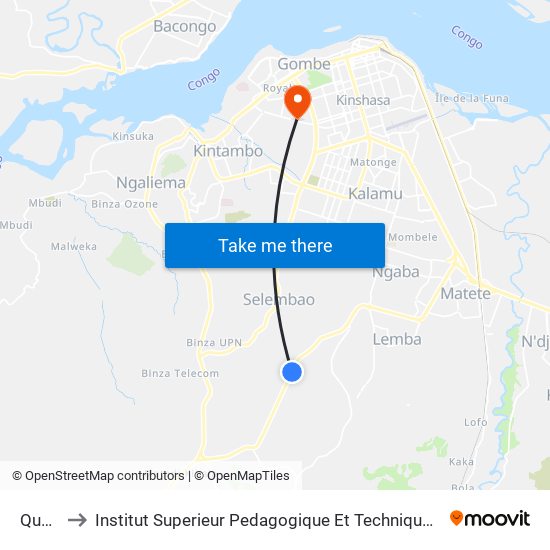 Quado to Institut Superieur Pedagogique Et Technique De Kinshasa map