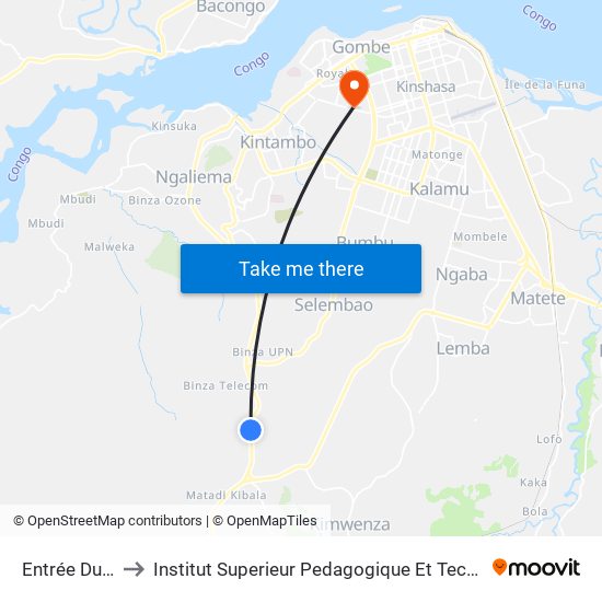 Entrée Du Camp to Institut Superieur Pedagogique Et Technique De Kinshasa map