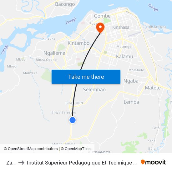 Zape to Institut Superieur Pedagogique Et Technique De Kinshasa map
