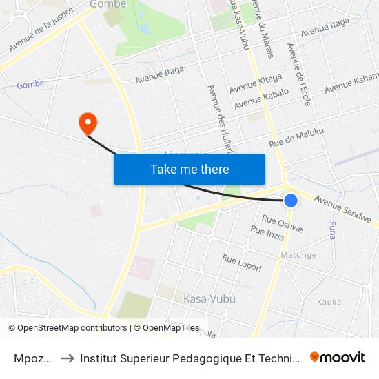 Mpozo, A1 to Institut Superieur Pedagogique Et Technique De Kinshasa map