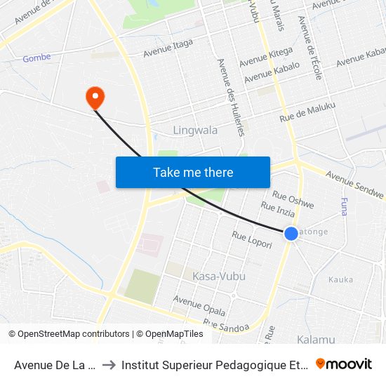 Avenue De La Victoire, 95 to Institut Superieur Pedagogique Et Technique De Kinshasa map