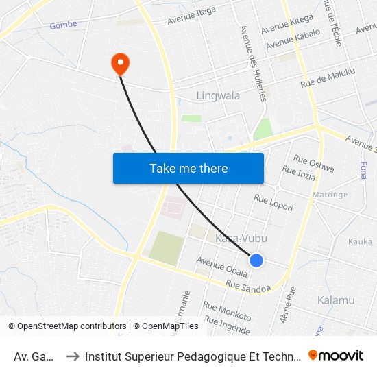 Av. Gambela to Institut Superieur Pedagogique Et Technique De Kinshasa map