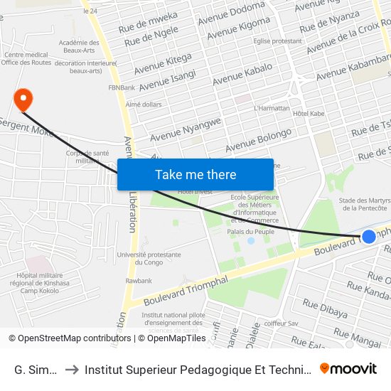 G. Simenon to Institut Superieur Pedagogique Et Technique De Kinshasa map