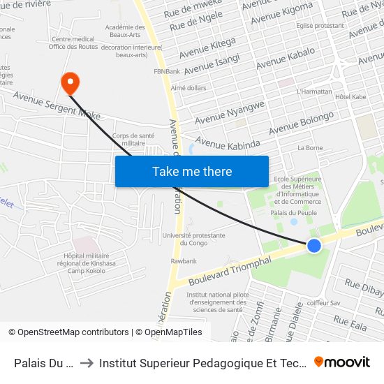 Palais Du Peuple to Institut Superieur Pedagogique Et Technique De Kinshasa map