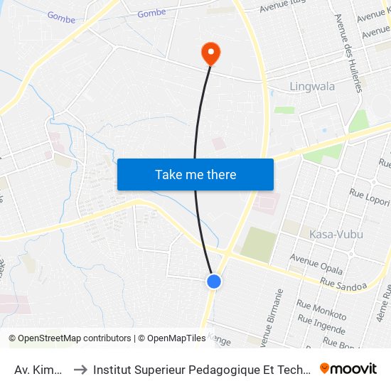 Av. Kimbondo to Institut Superieur Pedagogique Et Technique De Kinshasa map