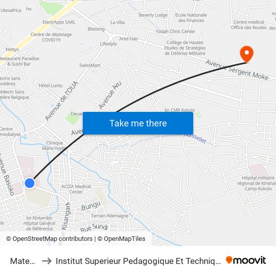 Maternité to Institut Superieur Pedagogique Et Technique De Kinshasa map