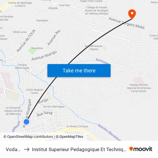 Vodacom to Institut Superieur Pedagogique Et Technique De Kinshasa map