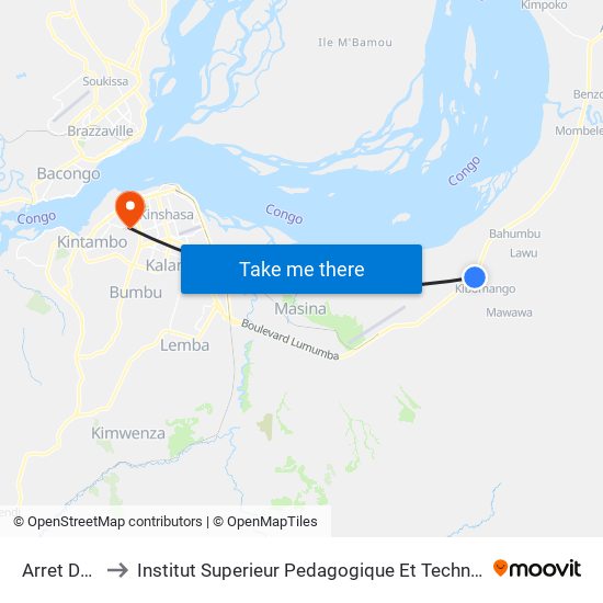 Arret De Bus to Institut Superieur Pedagogique Et Technique De Kinshasa map