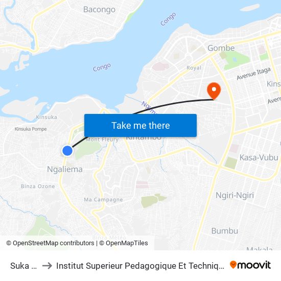 Suka Mur to Institut Superieur Pedagogique Et Technique De Kinshasa map